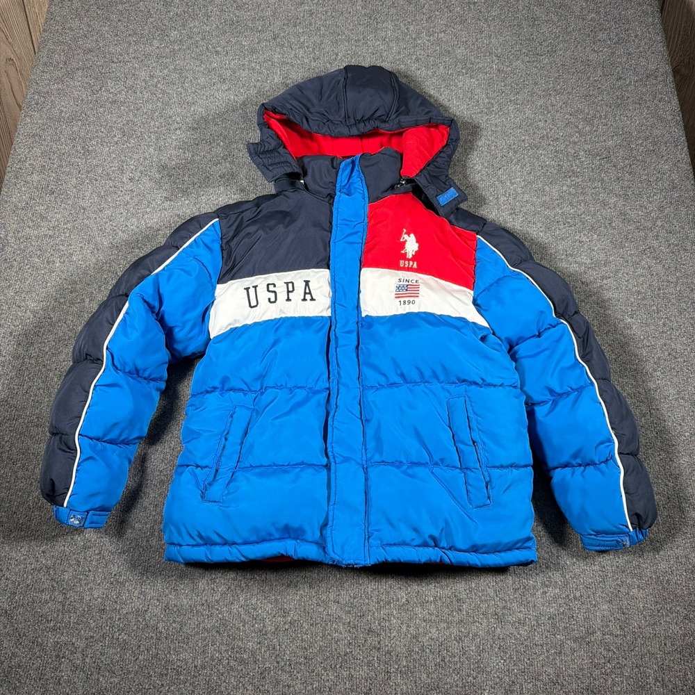 U.S. Polo Assn Puffer Jacket Boys Large Blue Red Removable Hood